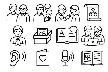 Generational Communication Icons. Outline icon set of communicating across generations: elder support,