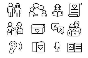 Generational Communication Icons. Outline icon set of communicating across generations: elder support,