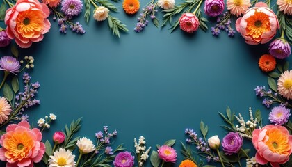 Vibrant scattered spring flowers including peonies, daisies adorn dark blue background. Top-view floral arrangement creates decorative border with ample copy space, perfect for design projects.