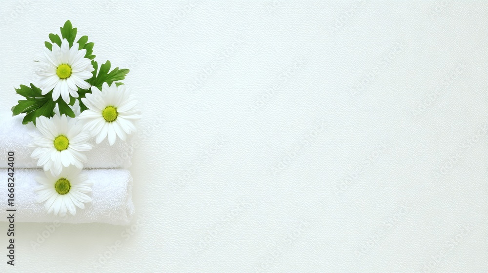 Poster white towels neatly arranged with fresh daisies and green leaves on a soft textured surface, creatin