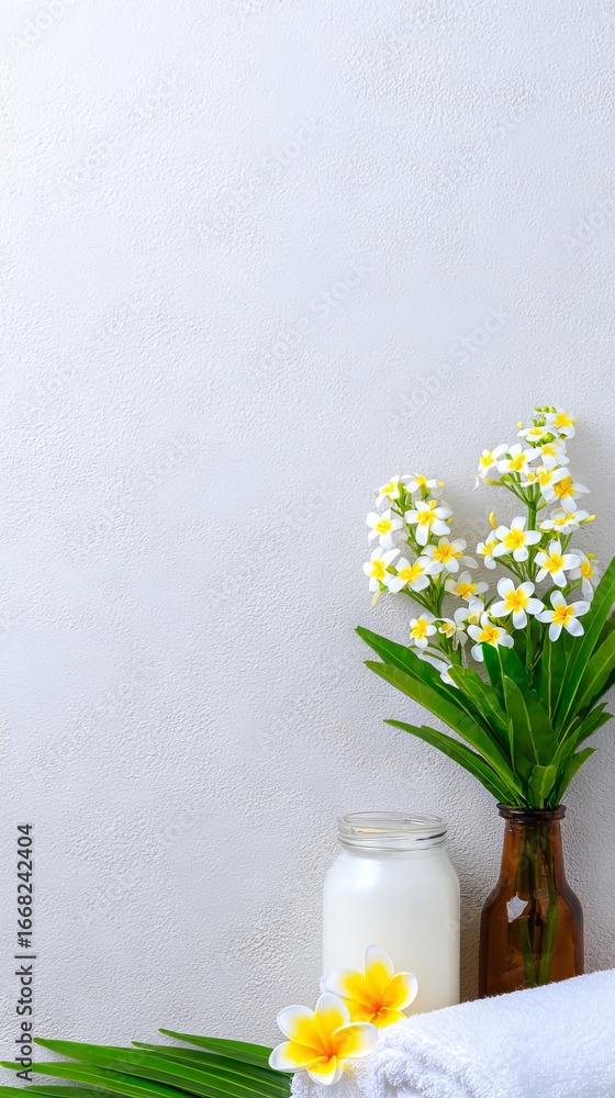 Poster fresh flowers in a glass vase beside a jar of milk and a rolled towel on a soft surface, creating a 