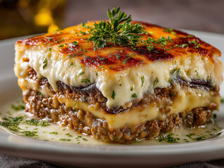 A detailed, full HD shot of a classic Greek Moussaka on a white plate, showcasing the layered eggplant, minced meat, and creamy bechamel sauce, captured with cinematic style and excellent lighting.