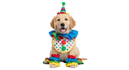 A golden retriever puppy dressed in a colorful clown costume with a hat and a bib on black background