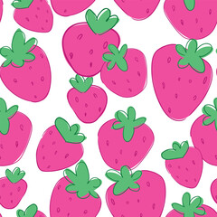 Seamless strawberry pattern, cute fruit background, summer berry illustration, kawaii vector design for kids print and fabric