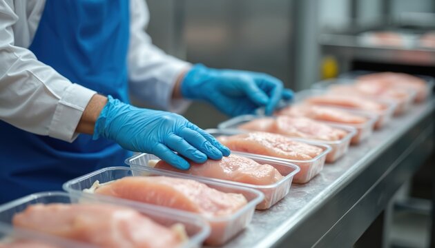 Worker in blue apron, gloves packs fresh chicken breast fillets into plastic trays on conveyor belt. Food processing plant uses modern technology for efficient, sanitary manufacturing of protein-rich