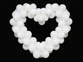 A bunch of white balloons arranged in heart shape with black background