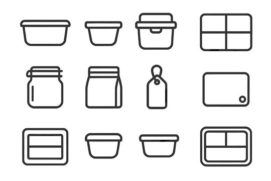 Healthy Snack Storage Icons. Outline icon set of healthy snack storage: glass container, portion cup, mini