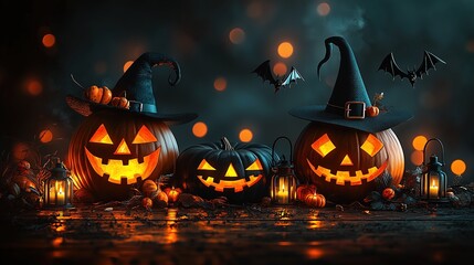Spooky Halloween 3D Render of Pumpkins with Witch Hats and Glowing Lanterns on Dark Background halloween illustration.