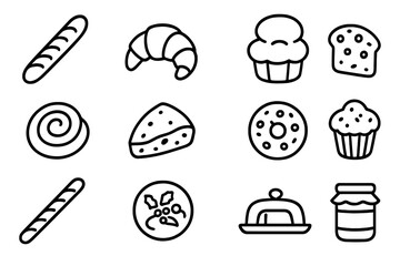 Holiday Bread Icons. Outline icon set of holiday bread and pastry selection: baguette, croissant, brioche,