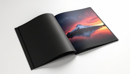Open black catalog brochure displaying a vibrant sunset landscape photograph. Clean white background, minimal design. Perfect template for magazines, portfolios, mockups, and editorial layouts.