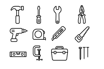 Home Repair Tools Grid. Outline icon set of home repair tools: hammer, screwdriver, wrench, pliers, drill,