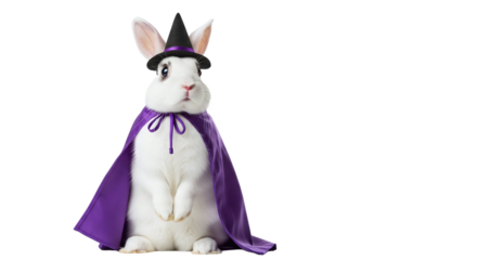 A white rabbit wearing a purple cape and a black witch hat on a black background in a studio shot