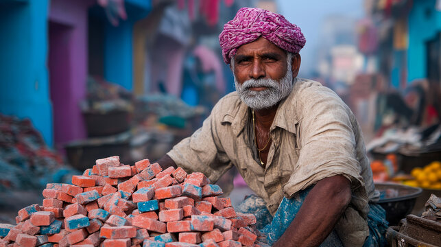 Portrait of dignified elder man with pink turban and white beard, sitting by colorful pile of bricks in vibrant street market setting