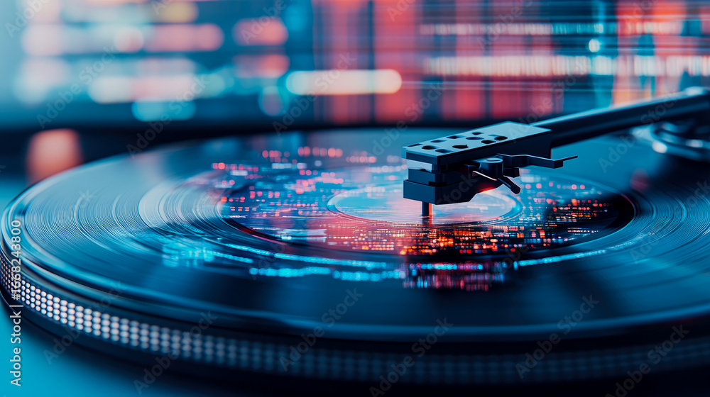 Poster dynamic digital reflections on spinning vinyl record, merging nostalgic audio with futuristic data v