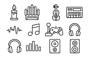 Horror Music Icon Set. Outline icon set of horror game music: candle, pipe organ, violin, synthesizer, sound