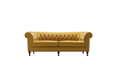 Elegant mustard yellow tufted sofa with classic Chesterfield design, providing luxurious comfort and timeless style, ideal for sophisticated living room interiors
