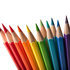 Fototapeta premium Close up view of colorful sharpened pencils arranged in a rainbow spectrum transparent background