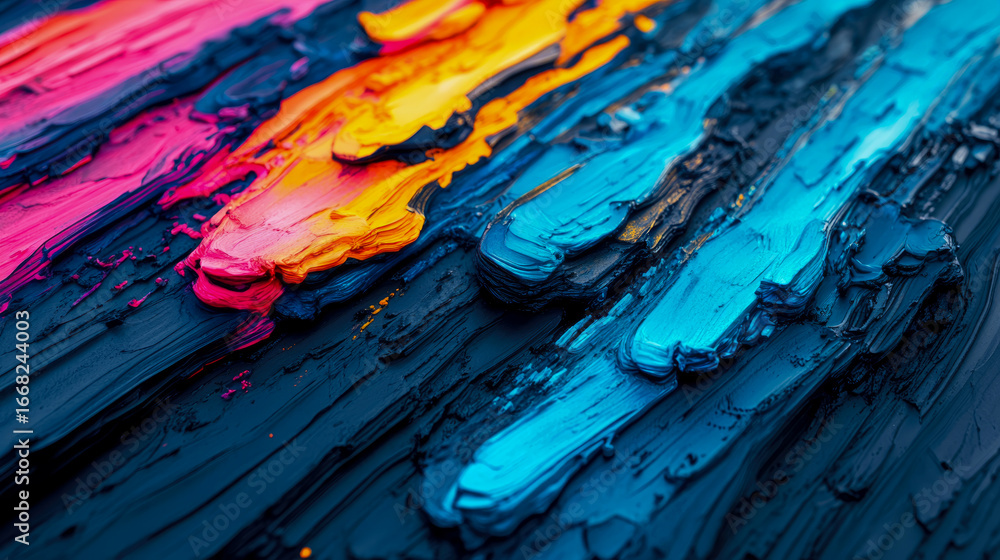 Poster vibrant abstract impasto paint strokes transitioning from warm pinks and oranges to cool blues, show