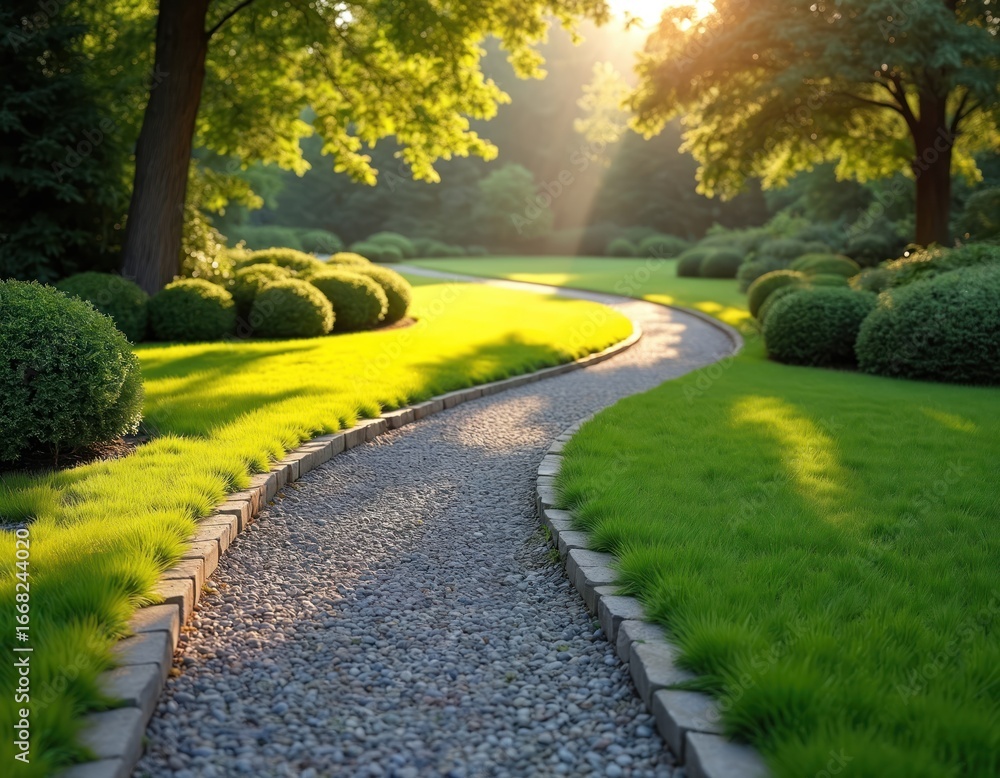 Poster winding garden path borders lush green lawn. sunlight streams through trees creating dappled shadows