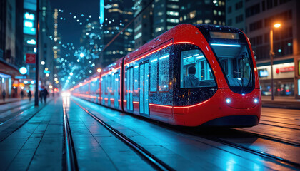 Modern red tram moves on tracks through city at night. Glowing blue lights, bokeh effects suggest smart city network, interconnected data. Futuristic urban infrastructure for efficient, sustainable