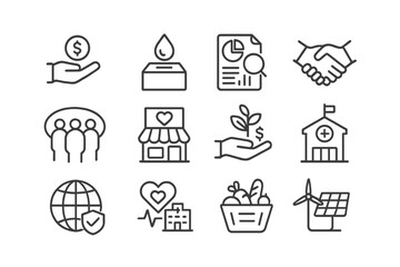 Impact Investing Icons. Outline icon set of impact investing: microloan, clean water fund, social impact