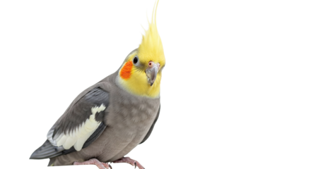 A cockatiel with yellow head and gray body perched against a black background looking at the camera