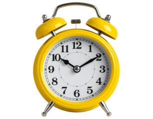 Bright yellow retro alarm clock with twin bells on transparent background. Classic style showing 8:00. Great for time-related designs and wake-up concepts in PNG format. 
