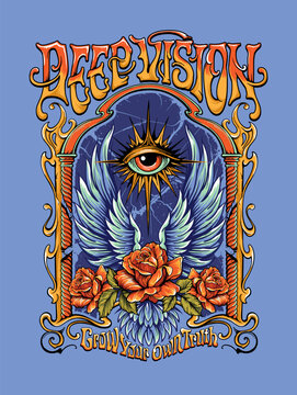 A bold and mystical vector illustration blending surreal symbolism of vision, freedom, and growth with gothic typography, detailed roses, radiant wings, and cosmic energy