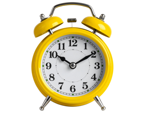Bright yellow retro alarm clock with twin bells on transparent background. Classic style showing 8:00. Great for time-related designs and wake-up concepts in PNG format. 