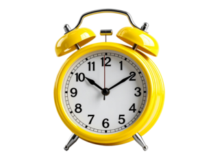 Bright yellow retro alarm clock with twin bells on transparent background. Classic style showing 8:00. Great for time-related designs and wake-up concepts in PNG format. 