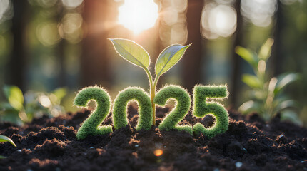 Young plant growing from soil with glowing 2025 numbers