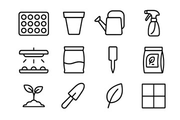 Indoor Seed Starting Icons. Outline icon set of indoor seed starting: seed tray, pot, watering can, spray