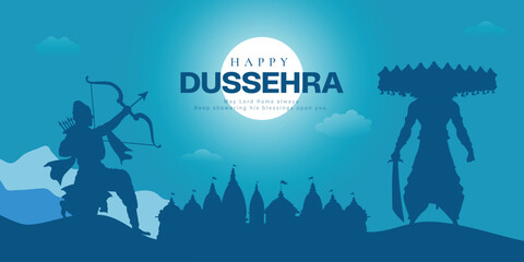 Dussehra: Ravan Dahan Lord Ram with Bow and Arrow, Ravan with Sword. Indian Festival Celebration with Blue Temple Background.