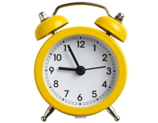 Bright yellow retro alarm clock with twin bells on transparent background. Classic style showing 8:00. Great for time-related designs and wake-up concepts in PNG format. 