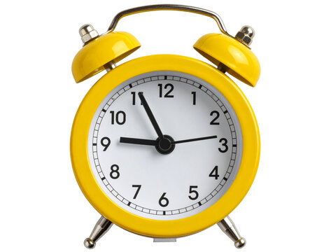 Bright yellow retro alarm clock with twin bells on transparent background. Classic style showing 8:00. Great for time-related designs and wake-up concepts in PNG format. 