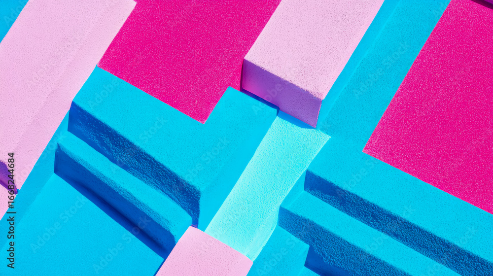Aufkleber dynamic abstract composition featuring vibrant pink and cyan geometric blocks and steps, illuminated