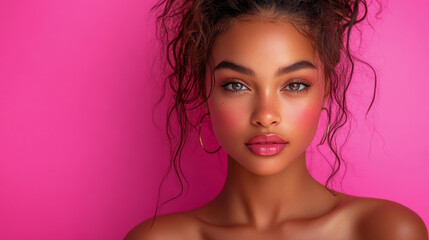 Fototapeta premium Captivating beauty portrait of young woman with radiant skin, curly hair, and bold pink makeup against vibrant fuchsia background, exuding confidence and modern elegance