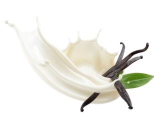 Creamy vanilla milk splashing, forming elegant curves with scattered droplets.