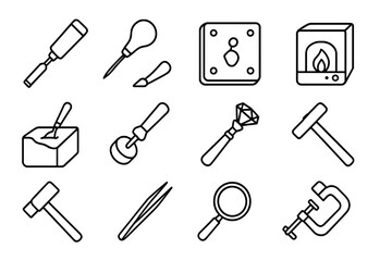Jewelry Tools Icons. Outline icon set of traditional jewelry-making techniques: chisel, engraving tool, mold,