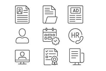 Job Application Icons. Outline icon set of job application essentials: resume document, cover letter, job ad,