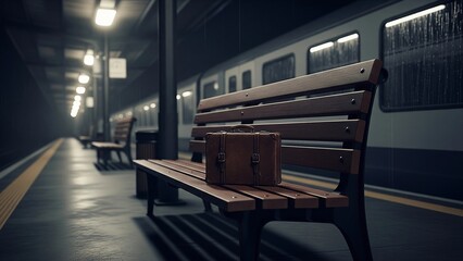 A small suitcase rests on a deserted train station bench at night, moody noir tones with soft shadows, symbolizing solitude, waiting, and loneliness in a cinematic conceptual shot.