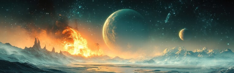 A fiery explosion on a distant icy planet, with two moons in the night sky.