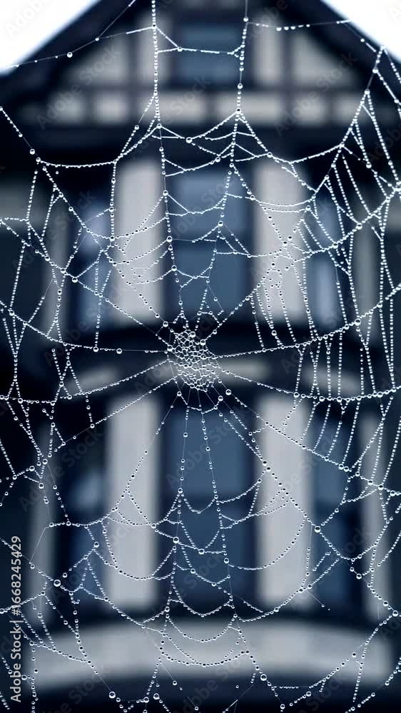 Poster Intricate spider web adorned with sparkling droplets creates an enchanting and delicate natural artwork.