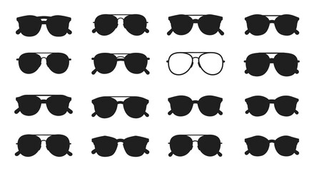 Collection of various black sunglasses and one pair of eyeglasses on white background