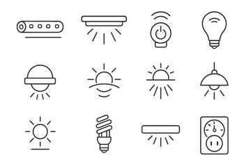 Kitchen Lighting Icons. Outline vector icons of kitchen backsplash lighting: LED strip, under-cabinet light,