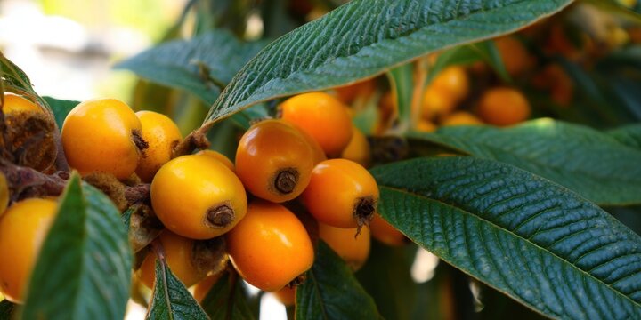 Beautiful image of fresh loquat fruits growing on a tree branch with vibrant colors and lush green leaves.