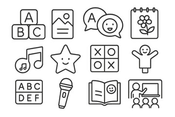 Language Learning Icons. Outline icon set of children learning new languages: ABC blocks, picture card,