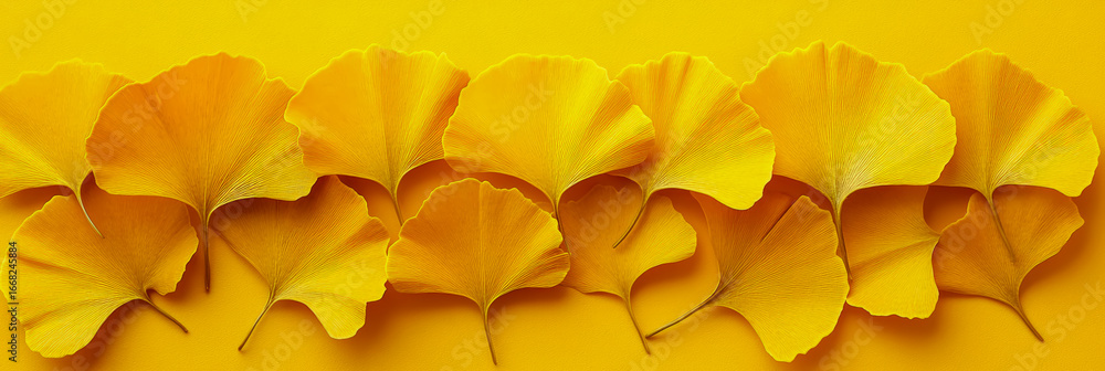 Poster horizontal array of luminous golden ginkgo biloba leaves, showcasing intricate veining and rich autu