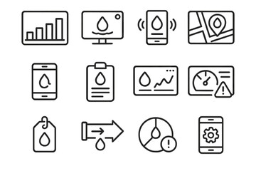 Leak Detection Icons. Outline icon set of digital leak detection dashboards: bar chart, live feed, sensor
