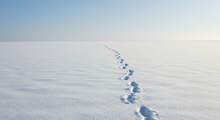 Footprints in Snow: Minimalist Winter Landscape, Leading Line, Serene Atmosphere.